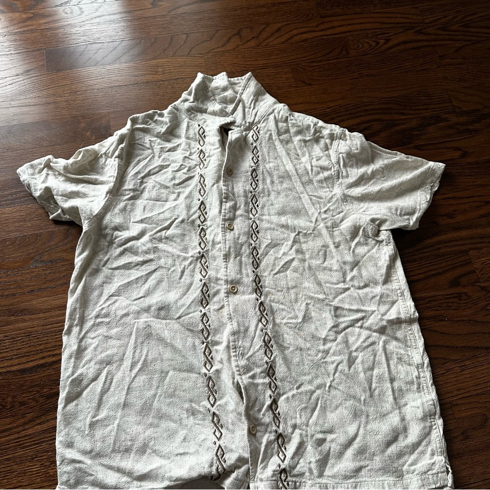 Men's tan Short Sleeve embroidered button down Shirt